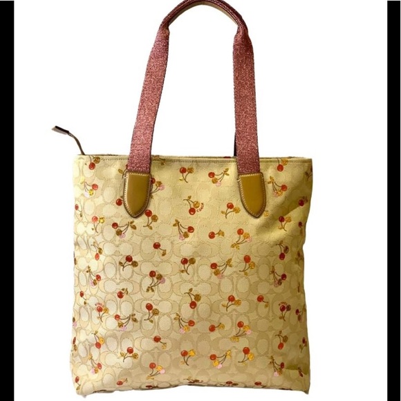COACH jacquard cherry print light khaki monogram zippered shoulder bag - Picture 1 of 12